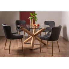 Goya Light Oak Glass 4 Seater Dining Table & 4 Cezanne Chairs in Dark Grey Faux Leather with Gold Legs