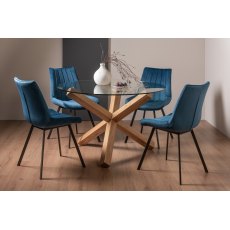 Goya Light Oak Glass 4 Seater Dining Table & 4 Fontana Blue Velvet Fabric Chairs