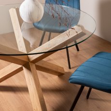Goya Light Oak Glass 4 Seater Dining Table & 4 Fontana Blue Velvet Fabric Chairs