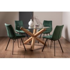 Goya Light Oak Glass 4 Seater Dining Table & 4 Fontana Green Velvet Fabric Chairs