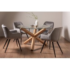 Goya Light Oak Glass 4 Seater Dining Table & 4 Dali Chairs in Grey Velvet Fabric
