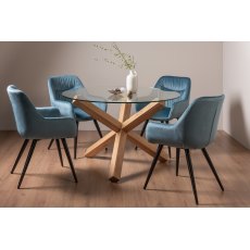 Goya Light Oak Glass 4 Seater Dining Table & 4 Dali Chairs in Petrol Blue Velvet Fabric