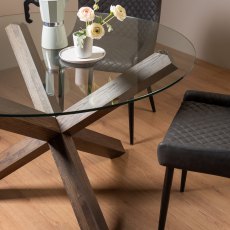 Goya Dark Oak Glass 4 Seater Dining Table & 4 Cezanne Chairs in Dark Grey Faux Leather with Black Legs