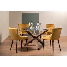 Goya Dark Oak Glass 4 Seater Dining Table & 4 Cezanne Chairs in Mustard Velvet Fabric with Black Legs