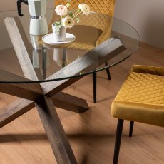 Goya Dark Oak Glass 4 Seater Dining Table & 4 Cezanne Chairs in Mustard Velvet Fabric with Black Legs