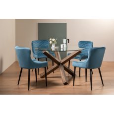 Goya Dark Oak Glass 4 Seater Dining Table & 4 Cezanne Chairs in Petrol Blue Velvet Fabric with Black Legs