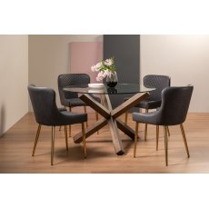 Goya Dark Oak Glass 4 Seater Dining Table & 4 Cezanne Chairs in Dark Grey Faux Leather with Gold Legs