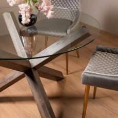 Goya Dark Oak Glass 4 Seater Dining Table & 4 Cezanne Chairs in Grey Velvet Fabric with Gold Legs