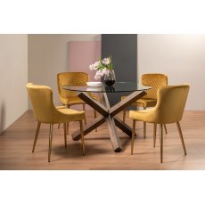 Goya Dark Oak Glass 4 Seater Dining Table & 4 Cezanne Chairs in Mustard Velvet Fabric with Gold Legs