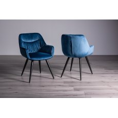 Goya Dark Oak Glass 4 Seater Dining Table & 4 Dali Petrol Blue Velvet Fabric Chairs