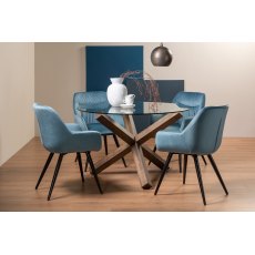 Goya Dark Oak Glass 4 Seater Dining Table & 4 Dali Petrol Blue Velvet Fabric Chairs