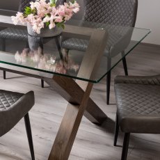 Goya Dark Oak Glass 6 Seater Dining Table & 6 Cezanne Chairs in Dark Grey Faux Leather with Black Legs