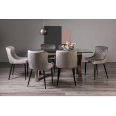 Goya Dark Oak Glass 6 Seater Dining Table & 6 Cezanne Chairs in Grey Velvet Fabric with Black Legs