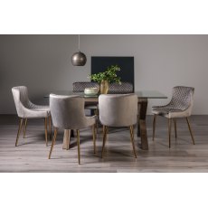 Goya Dark Oak Glass 6 Seater Dining Table & 6 Cezanne Chairs in Grey Velvet Fabric with Gold Legs