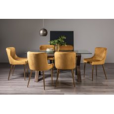 Goya Dark Oak Glass 6 Seater Dining Table & 6 Cezanne Chairs in Mustard Velvet Fabric with Gold Legs