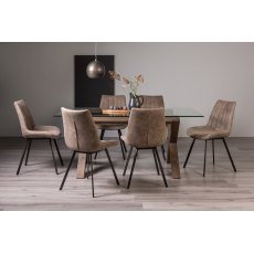 Goya Dark Oak Glass 6 Seater Dining Table & 6 Fontana Tan Faux Suede Chairs