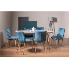 Johansen Scandi Oak 6 Seater Dining Table & 6 Eriksen Petrol Blue Velvet Fabric Chairs