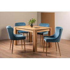 Blake Light Oak 4-6 Dining Table & 4 Cezanne Chairs in Petrol Blue Velvet Fabric with Gold Legs
