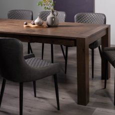 Blake Dark Oak 8-10 Dining Table & 8 Cezanne Chairs in Dark Grey Faux Leather with Black Legs