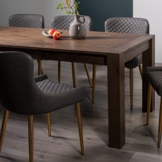 Blake Dark Oak 8-10 Dining Table & 8 Cezanne Chairs in Dark Grey Faux Leather with Gold Legs