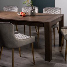 Blake Dark Oak 8-10 Dining Table & 8 Cezanne Chairs in Grey Velvet Fabric with Gold Legs