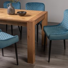 Blake Light Oak 8-10 Dining Table & 8 Cezanne Chairs in Petrol Blue Fabric Fabric with Black Legs