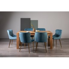 Blake Light Oak 6 Seater Dining Table & 6 Cezanne Chairs in Petrol Blue Velvet Fabric with Gold Legs
