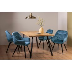 Ramsay Oak Effect 6 Seater Dining Table with 4 Legs & 4 Dali Petrol Blue Velvet Fabric Chairs