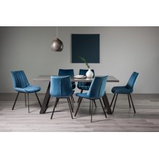 Hirst Grey Painted Glass 6 Seater Dining Table & 6 Fontana Blue Velvet Fabric Chairs