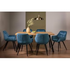 Ramsay 4 Leg Oak Effect 6 Seater & 6 Dali Petrol Blue Velvet Fabric Chairs