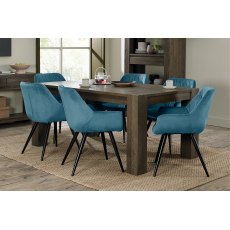 Constable Fumed Oak 6 Seater Dining Table & 6 Dali Petrol Blue Velvet Fabric Chairs