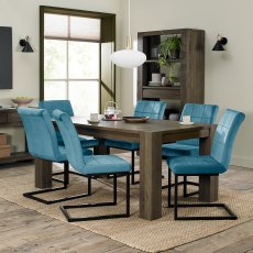 Home Origins Constable Fumed Oak open Display Unit - 6 Seat Dining Table and Lewis Petrol Blue Velvet Fabric