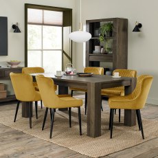 Home Origins Constable Fumed Oak Entertainment Unit - 6 Seat Dining Table and Cezanne Mustard Velvet Fabric