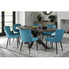 Home Origins Bosco fumed oak 6 seater dining table with 6 Cezanne chairs- petrol blue velvet fabric