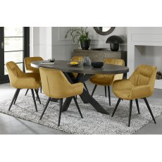 Home Origins Bosco fumed oak 6 seater dining table with 6 Dali chairs- mustard velvet fabric