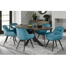 Home Origins Bosco fumed oak 6 seater dining table with 6 Dali chairs- petrol blue velvet fabric