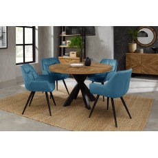 Home Origins Bosco Rustic Oak 4 Seat Circular Dining Table- dali petrol blue velvet