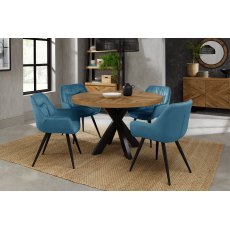 Home Origins Bosco Rustic Oak 4 seater dining table with 4 Dali chairs- petrol blue velvet fabric