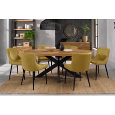 Home Origins Bosco Rustic Oak 6 seater dining table with 6 Cezanne chairs- mustard velvet fabric