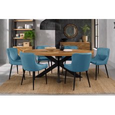 Home Origins Bosco Rustic Oak 6 seater dining table with 6 Cezanne chairs- petrol blue velvet fabric