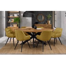 Home Origins Bosco Rustic Oak 6 seater dining table with 6 Dali chairs- mustard velvet fabric