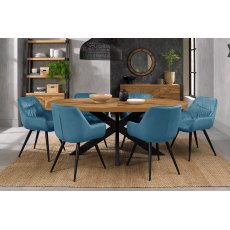 Home Origins Bosco Rustic Oak 6 seater dining table with 6 Dali chairs- petrol blue velvet fabric