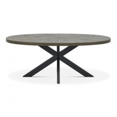 Home Origins Bosco Fumed Oak 6 Seater Dining Table & 6 Bosco Fumed Oak Upholstered Chairs- Dark Grey Fabric- table front
