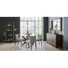 Home Origins Goya Dark Oak Circular Glass Table & 4 Blake Dark Oak Low Back Upholstered Chairs- Pebble Grey Fabric- lifestyle