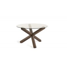 Home Origins Goya Dark Oak Circular Glass Table & 4 Blake Dark Oak Low Back Upholstered Chairs- Pebble Grey Fabric- table fro