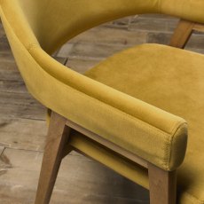 Rosen Rustic Oak Dark Mustard Velvet Fabric Upholstered Arm Chairs