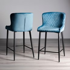 Cezanne Petrol Blue Velvet Fabric Bar Stools with Black Legs