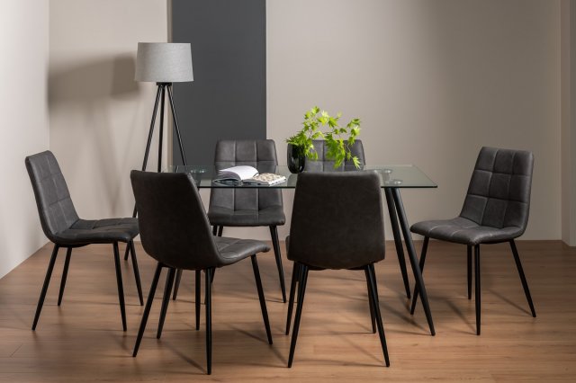 Martini - Glass 6 Seater Dining Table & 6 Dark Grey Faux Leather Mondrian Dining Chairs Martini - Glass 6 Seater Dining Table & 6 Dark Grey Faux Leather Mondrian Dining Chairs