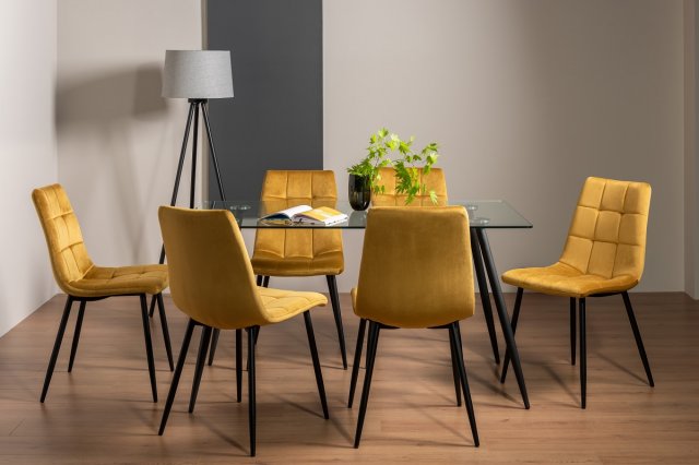 Martini - Glass 6 Seater Dining Table & 6 Mustard Velvet Mondrian Dining Chairs Martini - Glass 6 Seater Dining Table & 6 Mustard Velvet Mondrian Dining Chairs
