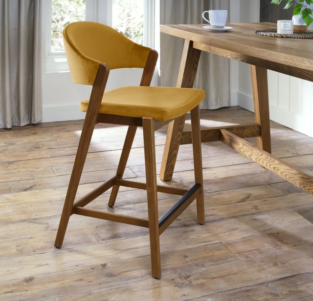 Rosen - Rustic Oak Bar Stool in Dark Mustard Velvet Rosen - Rustic Oak Bar Stool in Dark Mustard Velvet